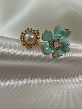 Gold Ring with Aqua Enamel Flower and Pearl Accent - Women's Jewelry